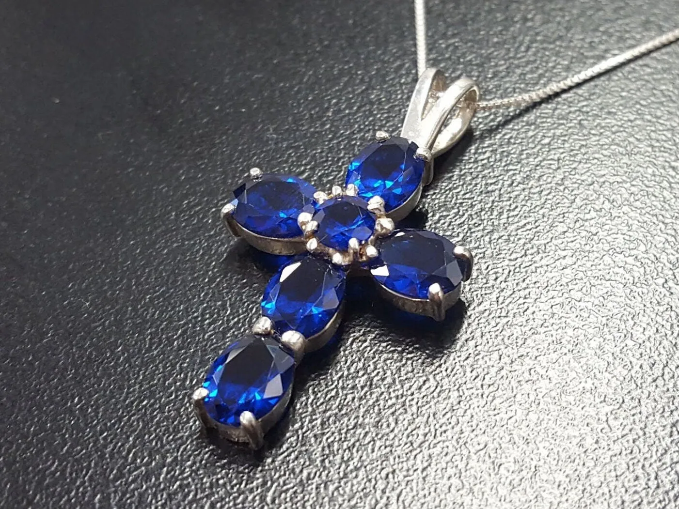 Cross Sapphire Necklace - Blue Cross Pendant - Silver Cross Necklace