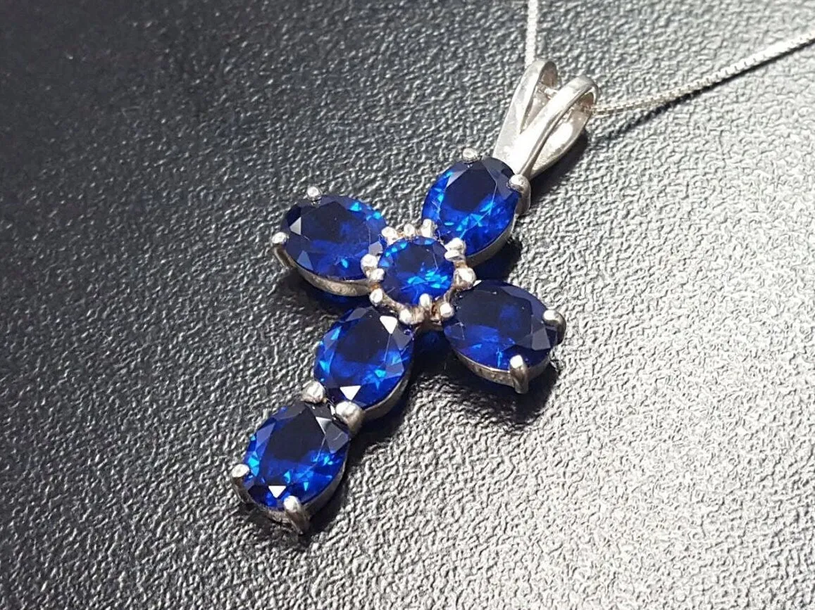 Cross Sapphire Necklace - Blue Cross Pendant - Silver Cross Necklace