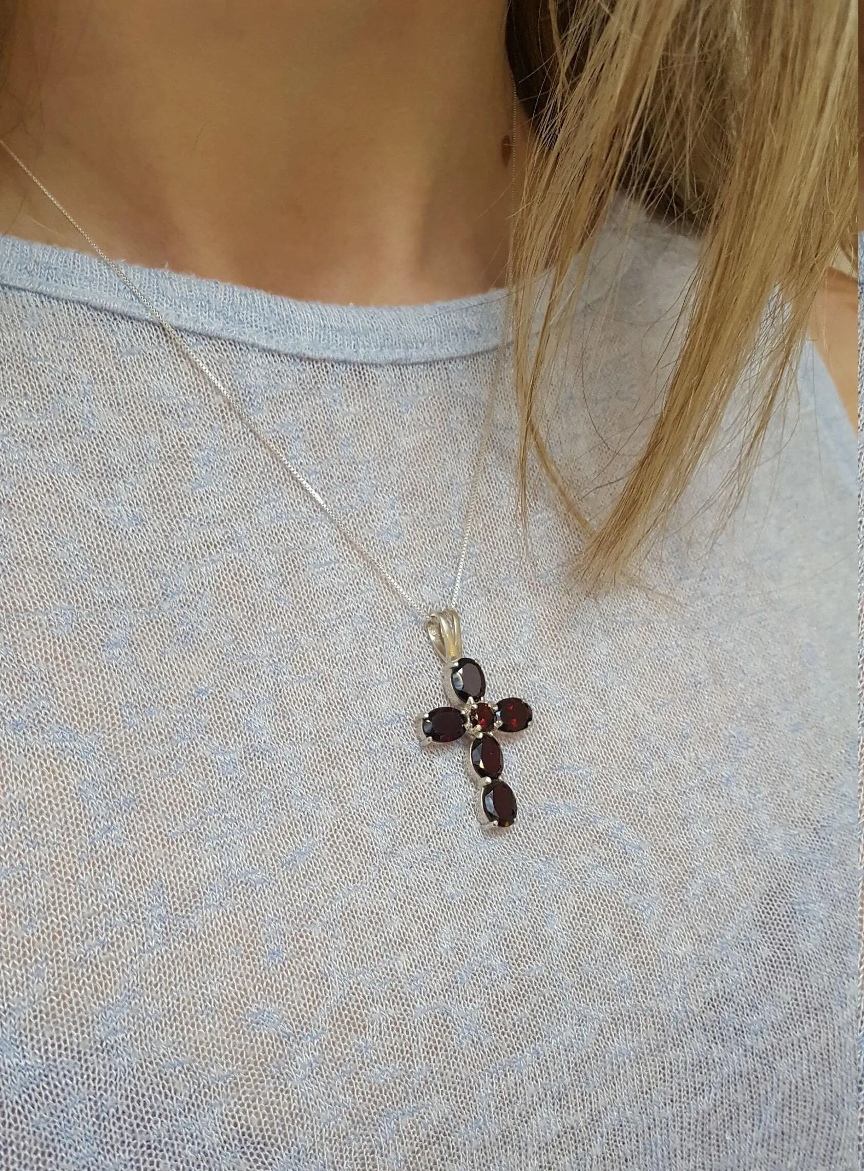 Cross Sapphire Necklace - Blue Cross Pendant - Silver Cross Necklace