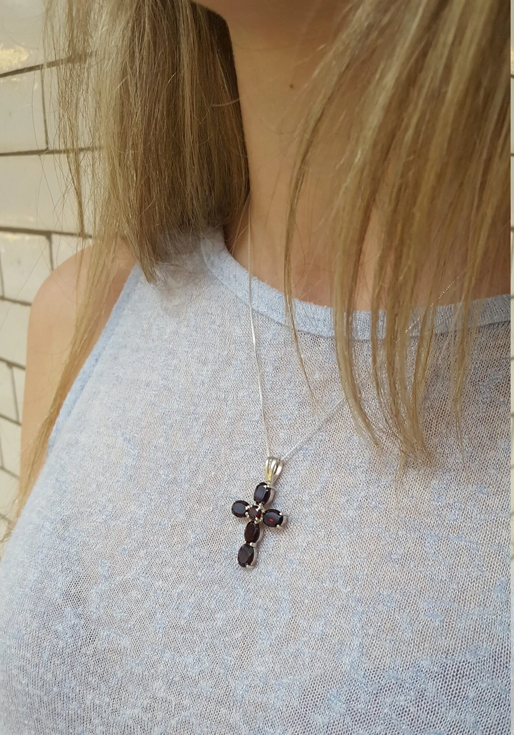 Cross Sapphire Necklace - Blue Cross Pendant - Silver Cross Necklace