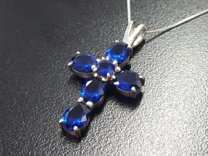 Cross Sapphire Necklace - Blue Cross Pendant - Silver Cross Necklace