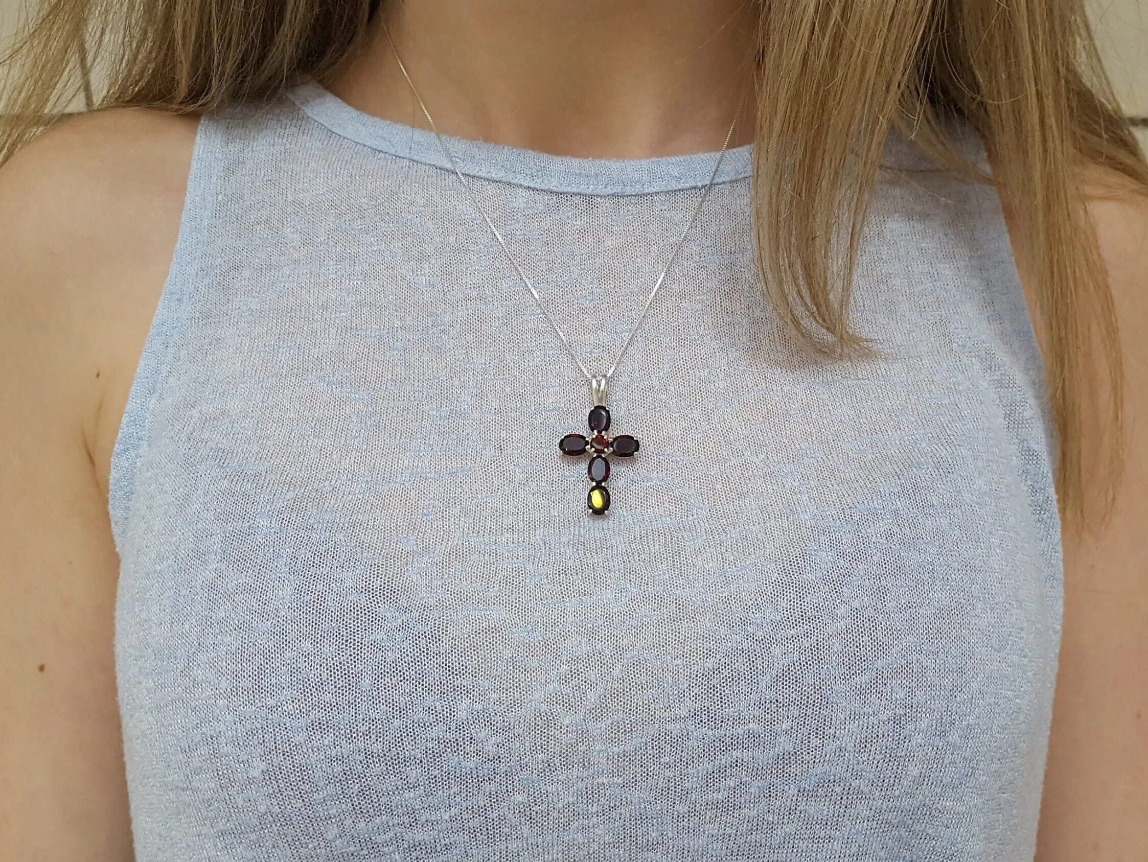 Cross Sapphire Necklace - Blue Cross Pendant - Silver Cross Necklace