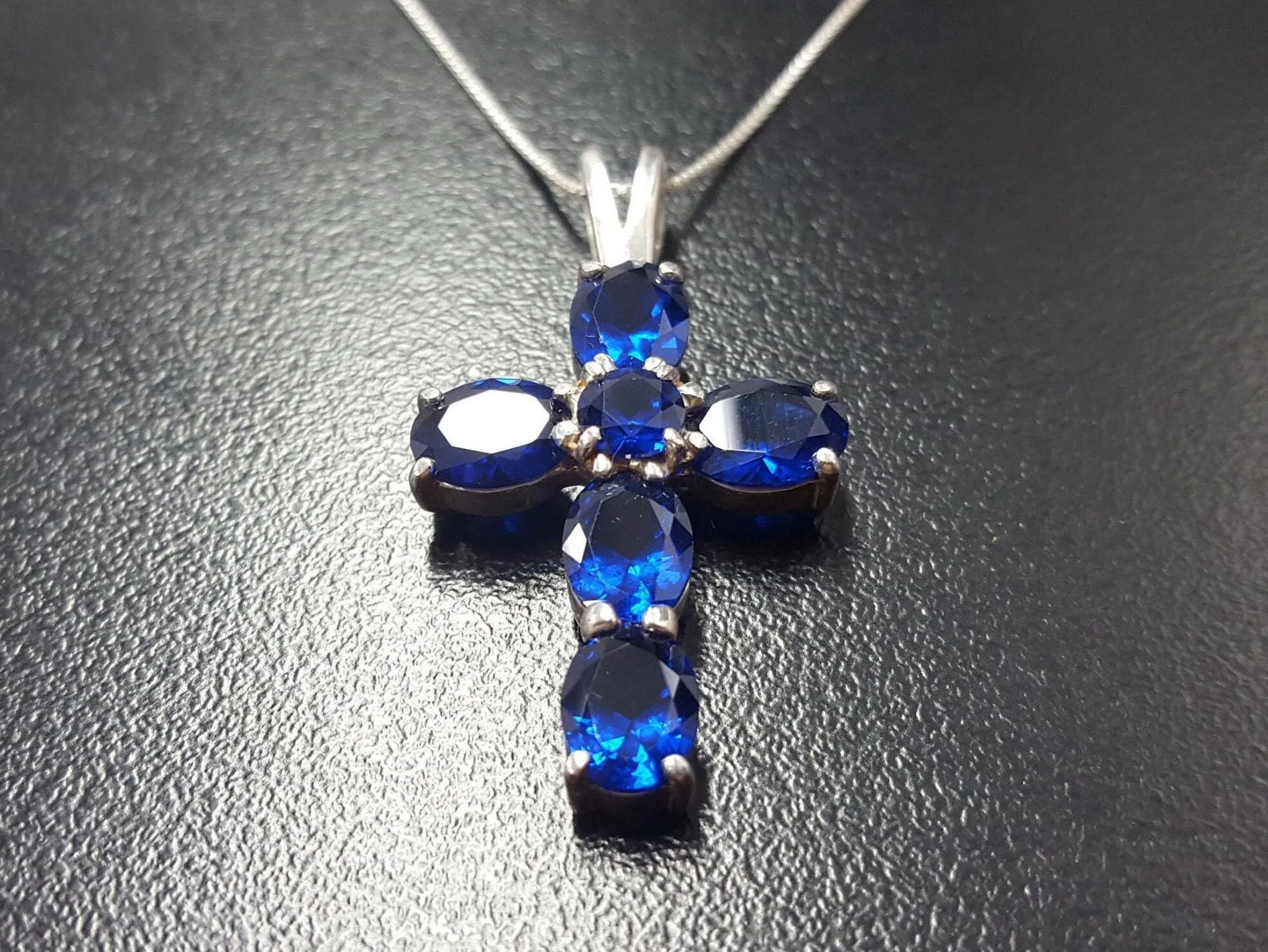 Cross Sapphire Necklace - Blue Cross Pendant - Silver Cross Necklace