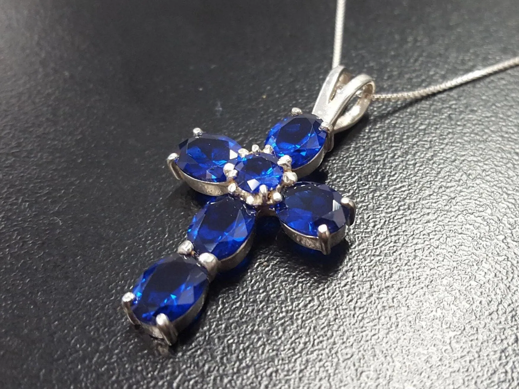 Cross Sapphire Necklace - Blue Cross Pendant - Silver Cross Necklace