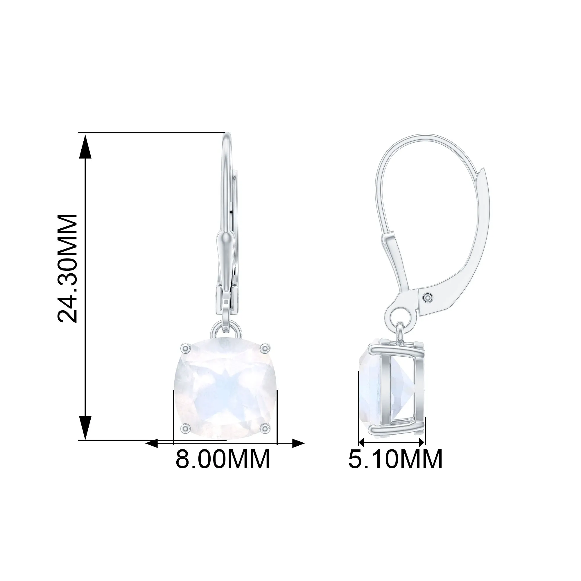 Cushion Cut Solitaire Moonstone Drop Earrings with Lever Back