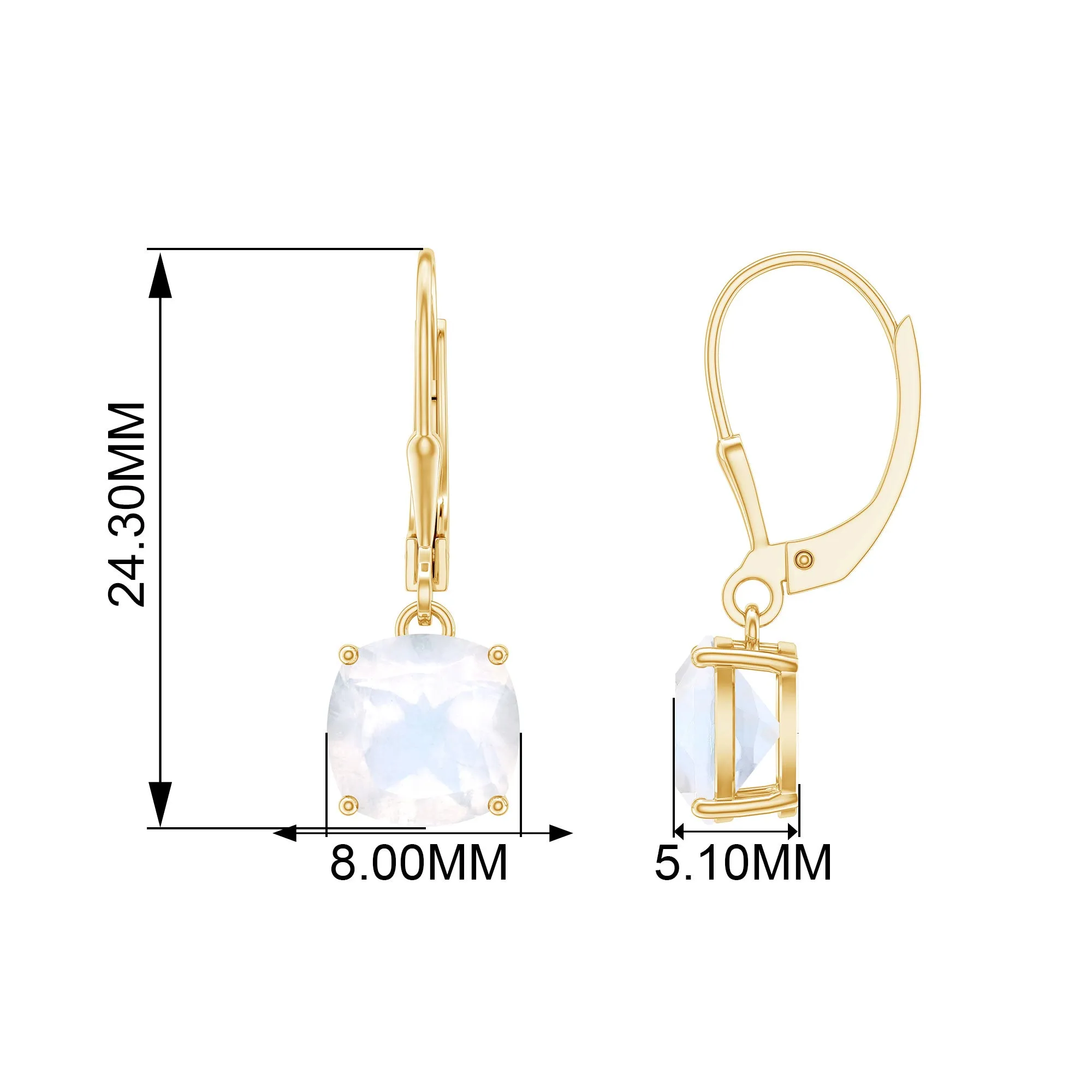 Cushion Cut Solitaire Moonstone Drop Earrings with Lever Back