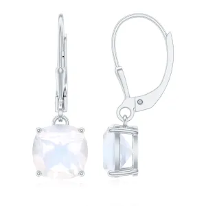 Cushion Cut Solitaire Moonstone Drop Earrings with Lever Back