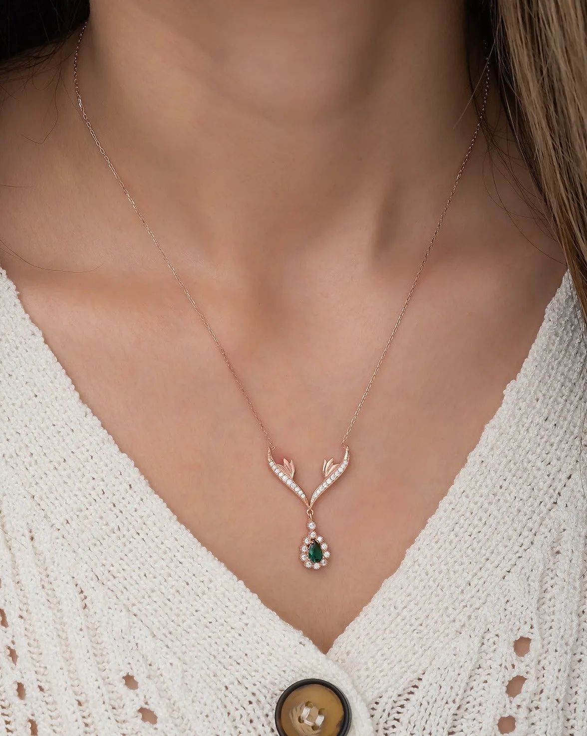 Deer Charm Green Zircon Necklace