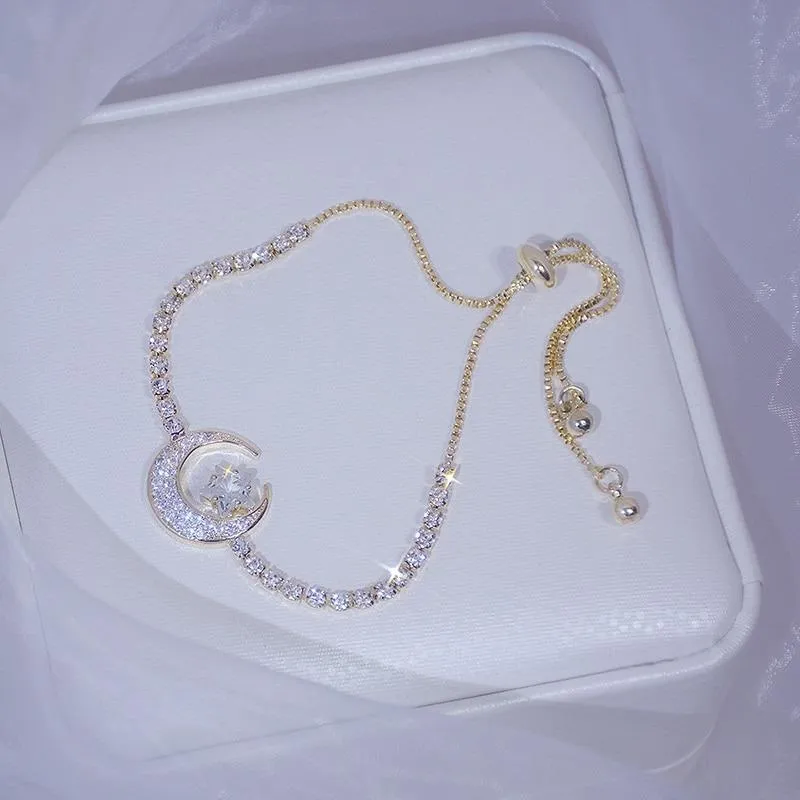 Delicate Zircon Bejeweled Crescent Moon and Star Bracelets