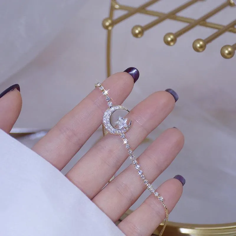 Delicate Zircon Bejeweled Crescent Moon and Star Bracelets
