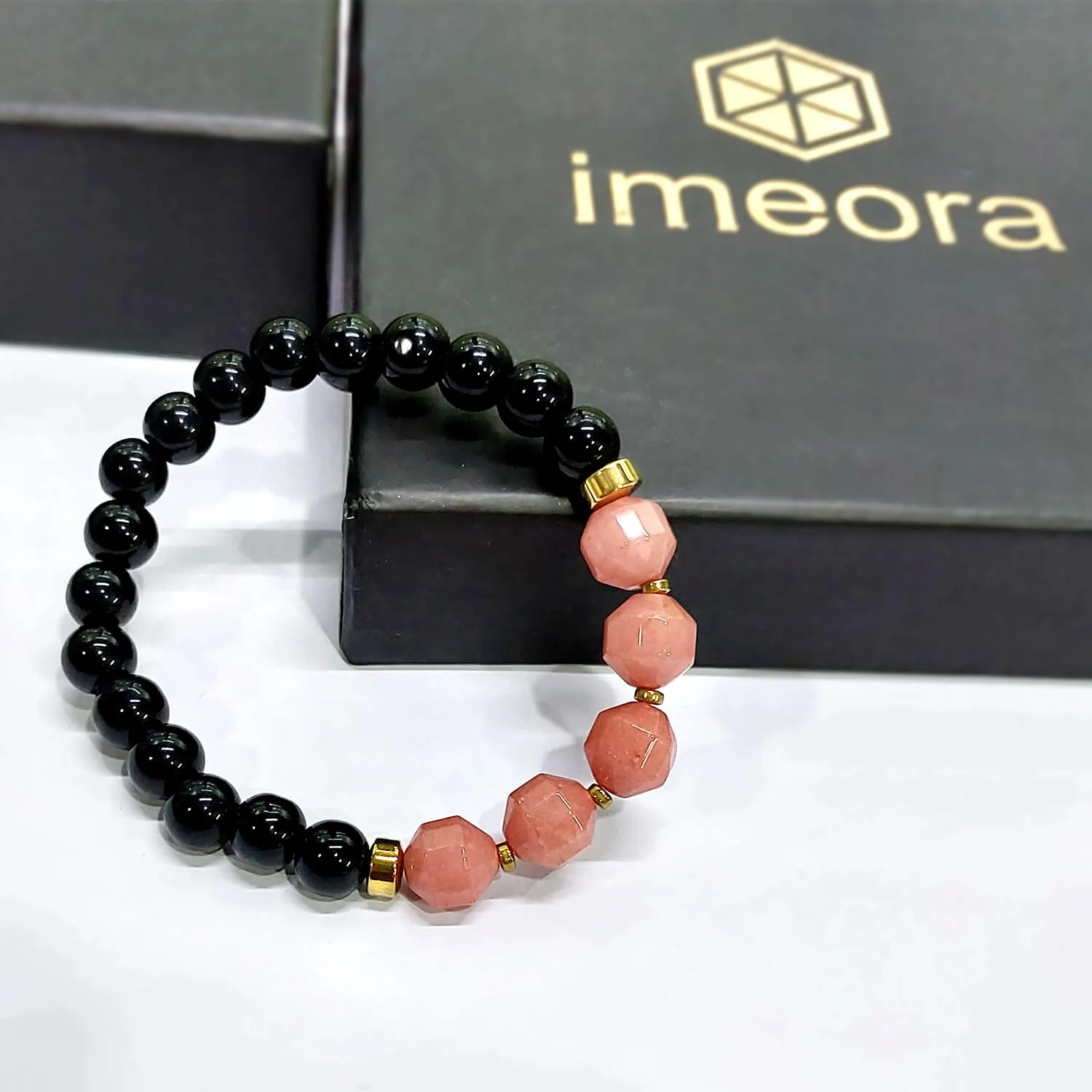 Diamond Cut Peach Moonstone With Black Obsidian And Golden Hematite Bracelet