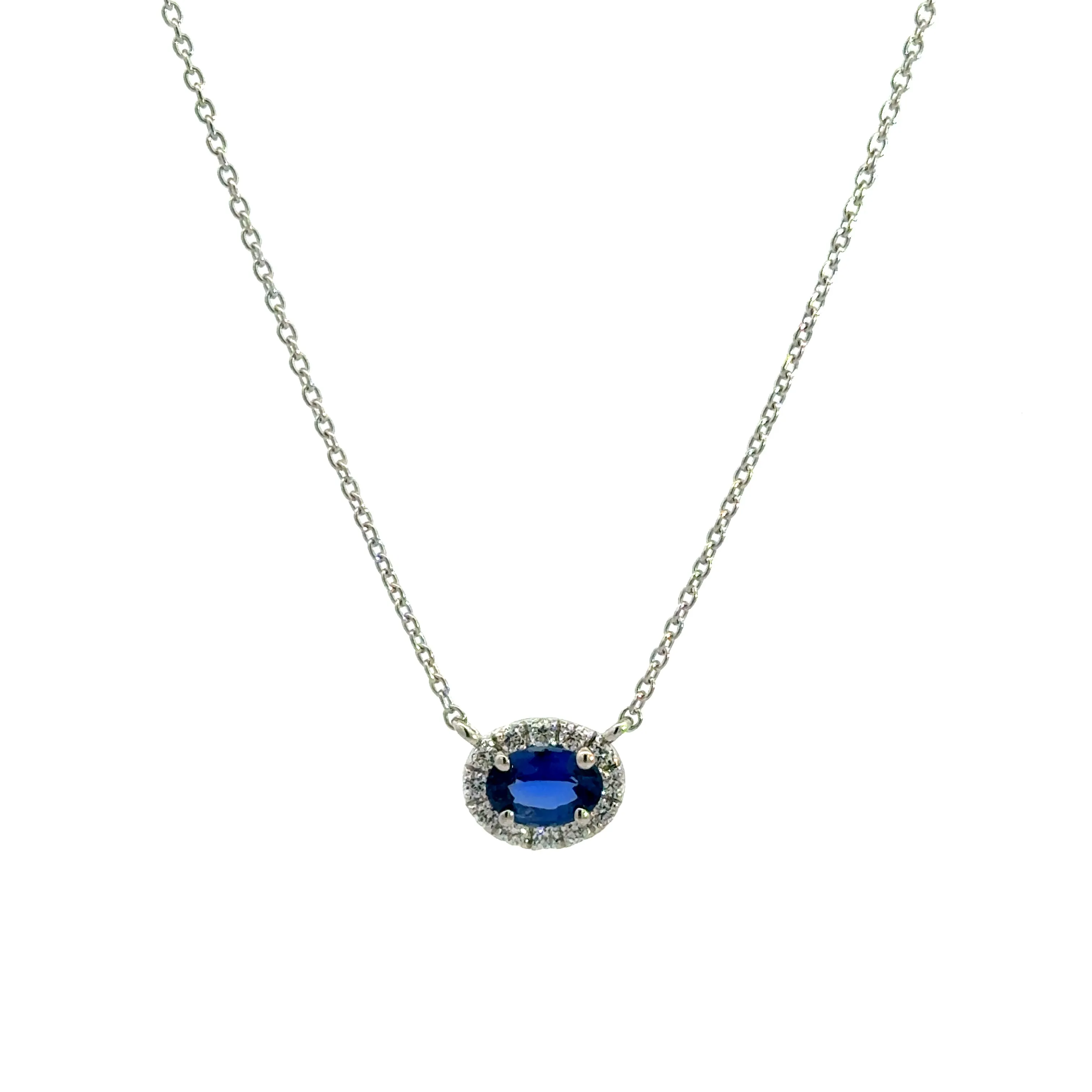 Diamond Halo and Sapphire Pendant Necklace