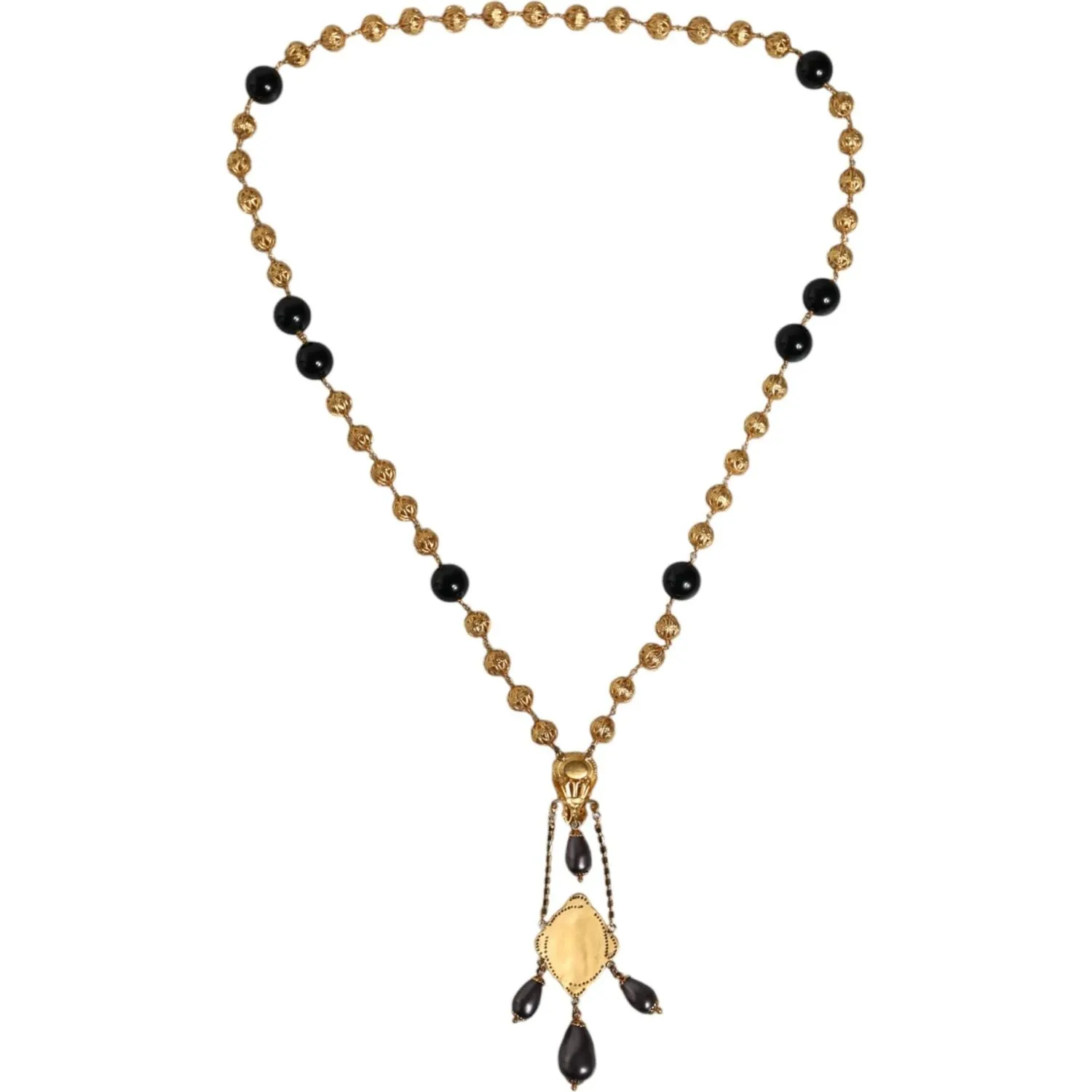 Dolce & Gabbana Gold Chain Brass Black Beaded Rosary Style Necklace