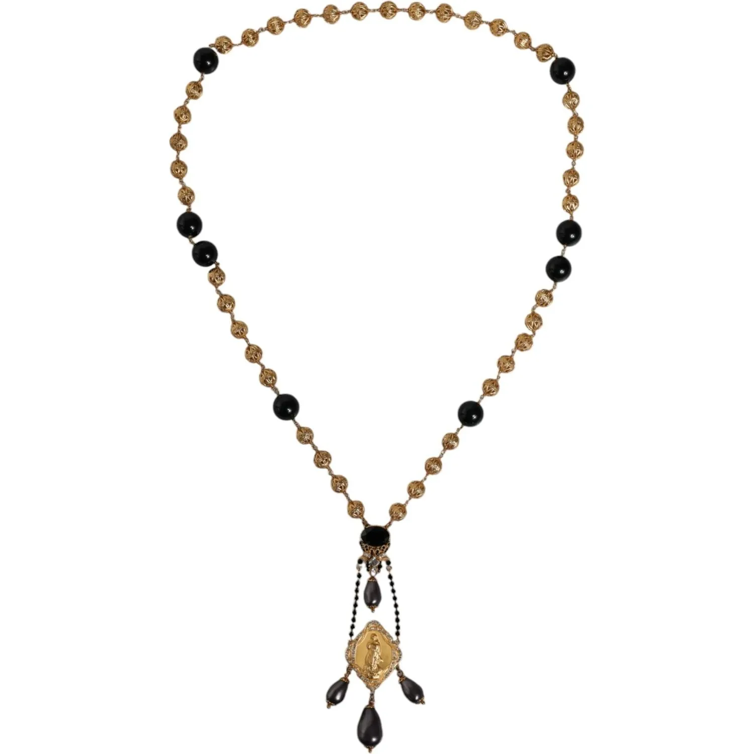 Dolce & Gabbana Gold Chain Brass Black Beaded Rosary Style Necklace