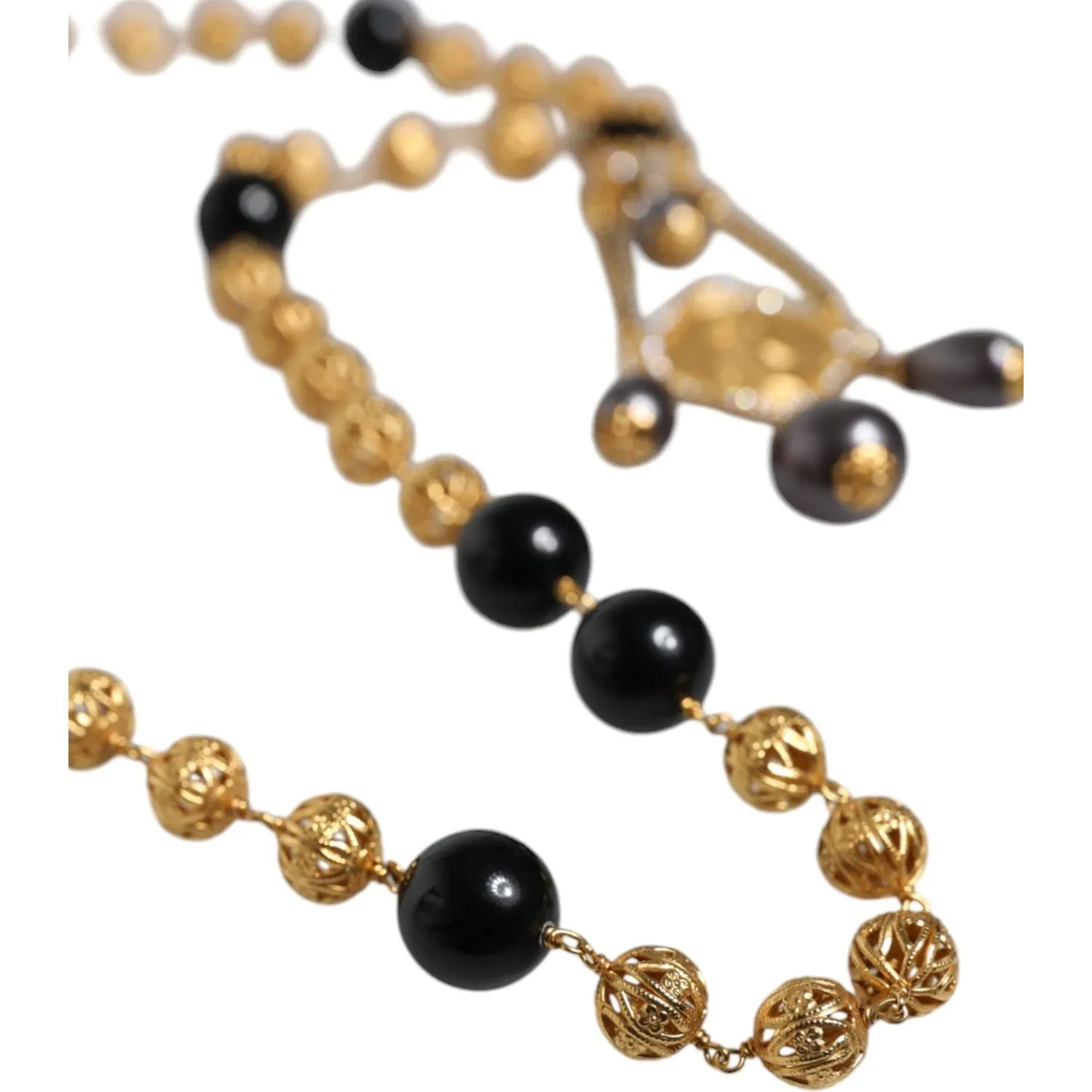 Dolce & Gabbana Gold Chain Brass Black Beaded Rosary Style Necklace