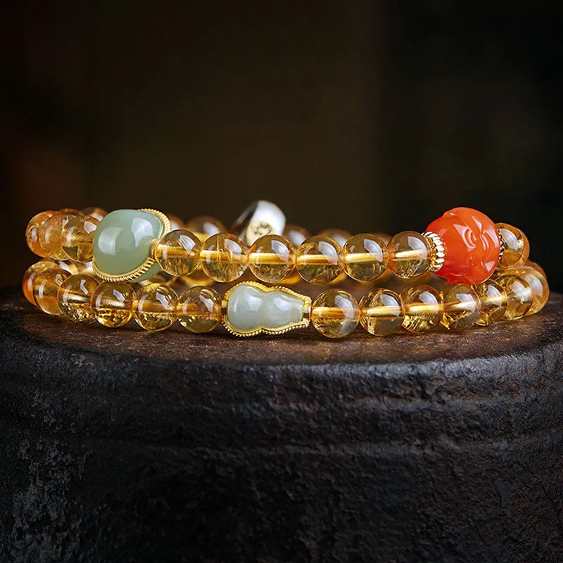 Double Circle Natural Clear Citrine Bracelet with Hetian Jade Multiple Gemstones