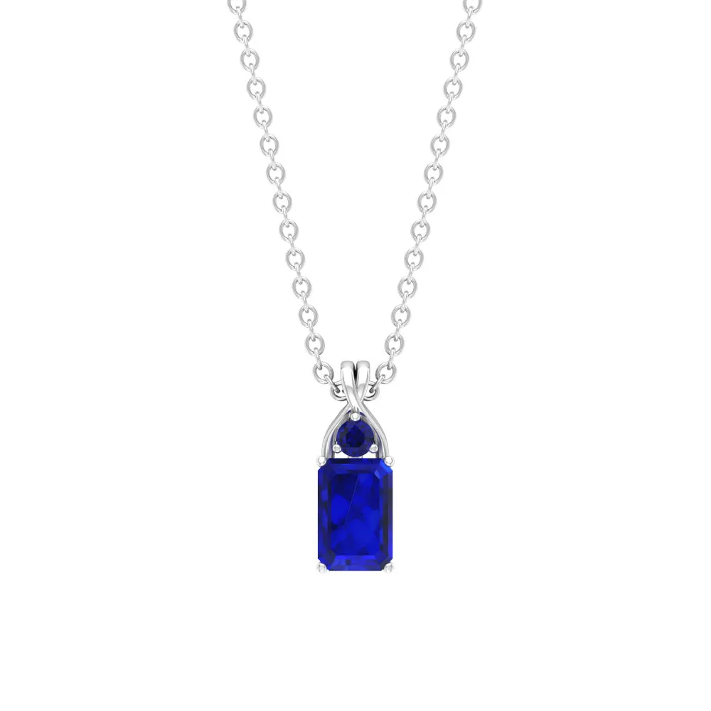Emerald Cut Lab Created Blue Sapphire Solitaire Pendant Necklace