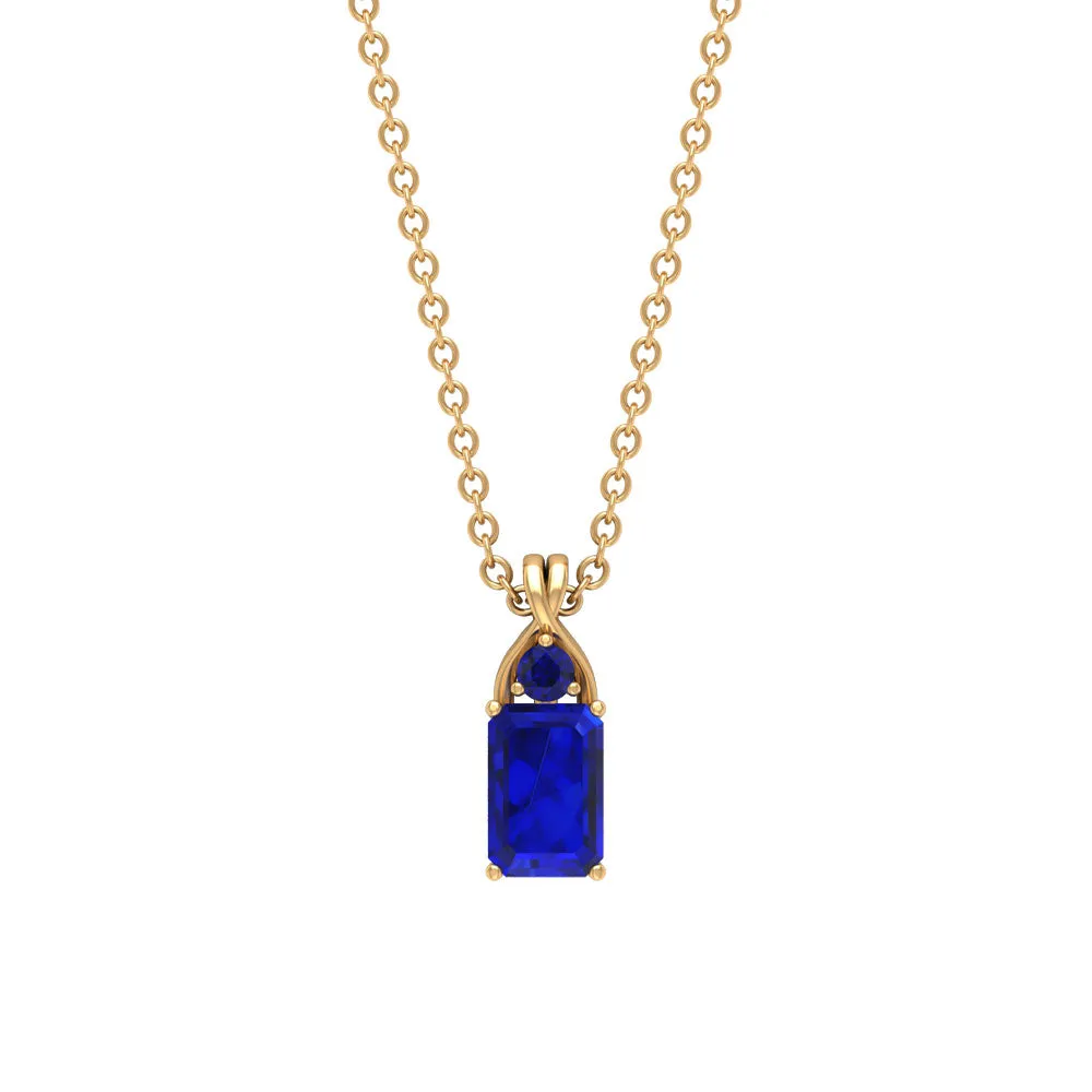 Emerald Cut Lab Created Blue Sapphire Solitaire Pendant Necklace