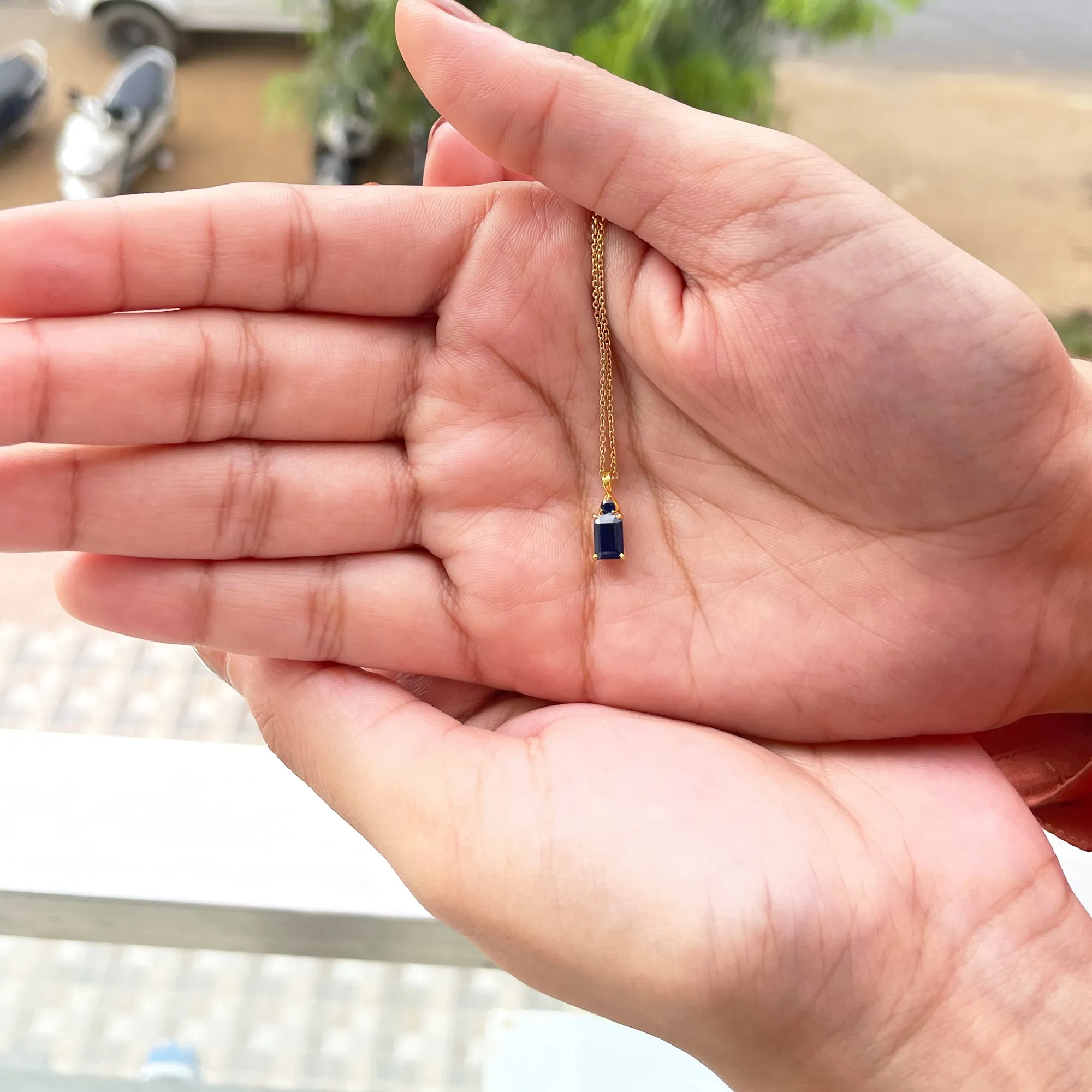 Emerald Cut Lab Created Blue Sapphire Solitaire Pendant Necklace
