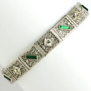 Emerald, Diamanté & Sterling Filigree Bracelet