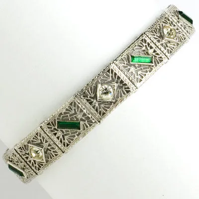 Emerald, Diamanté & Sterling Filigree Bracelet