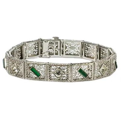 Emerald, Diamanté & Sterling Filigree Bracelet
