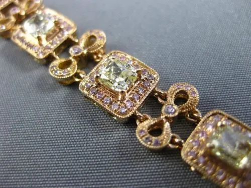 ESTATE WIDE 7.26CT FANCY YELLOW & PINK DIAMOND 18KT ROSE GOLD FILIGREE BRACELET