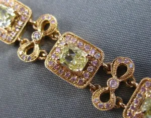 ESTATE WIDE 7.26CT FANCY YELLOW & PINK DIAMOND 18KT ROSE GOLD FILIGREE BRACELET