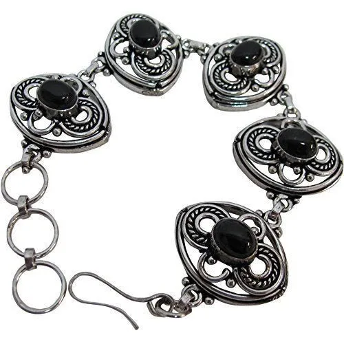 Ethnic Tribal Silver-Tone White Metal Vintage Style Chakra Yoga Black Onyx Stones Adjustable Bracelet