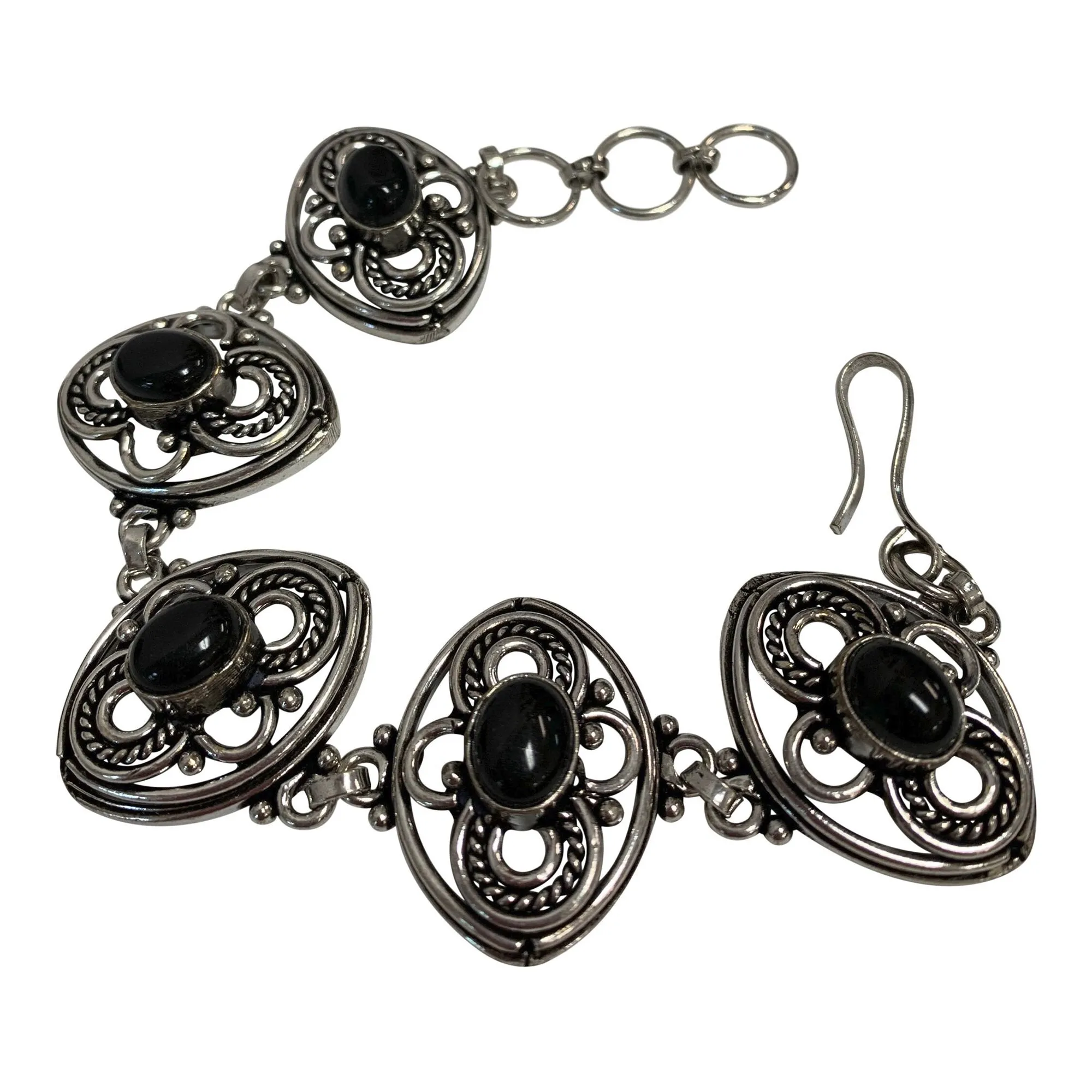 Ethnic Tribal Silver-Tone White Metal Vintage Style Chakra Yoga Black Onyx Stones Adjustable Bracelet