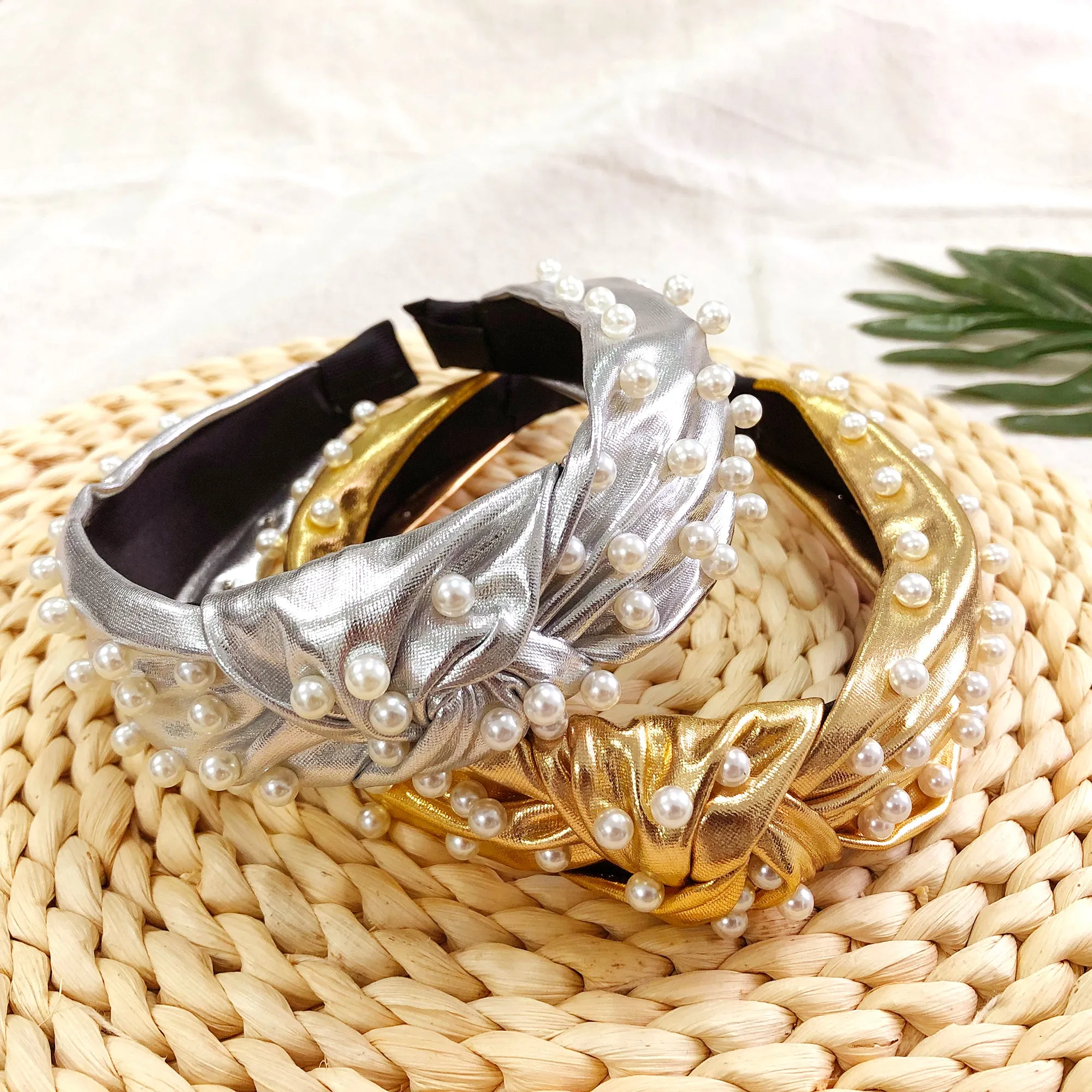 F2510 Top Knot Metallic Faux Leather with Pearl Headband