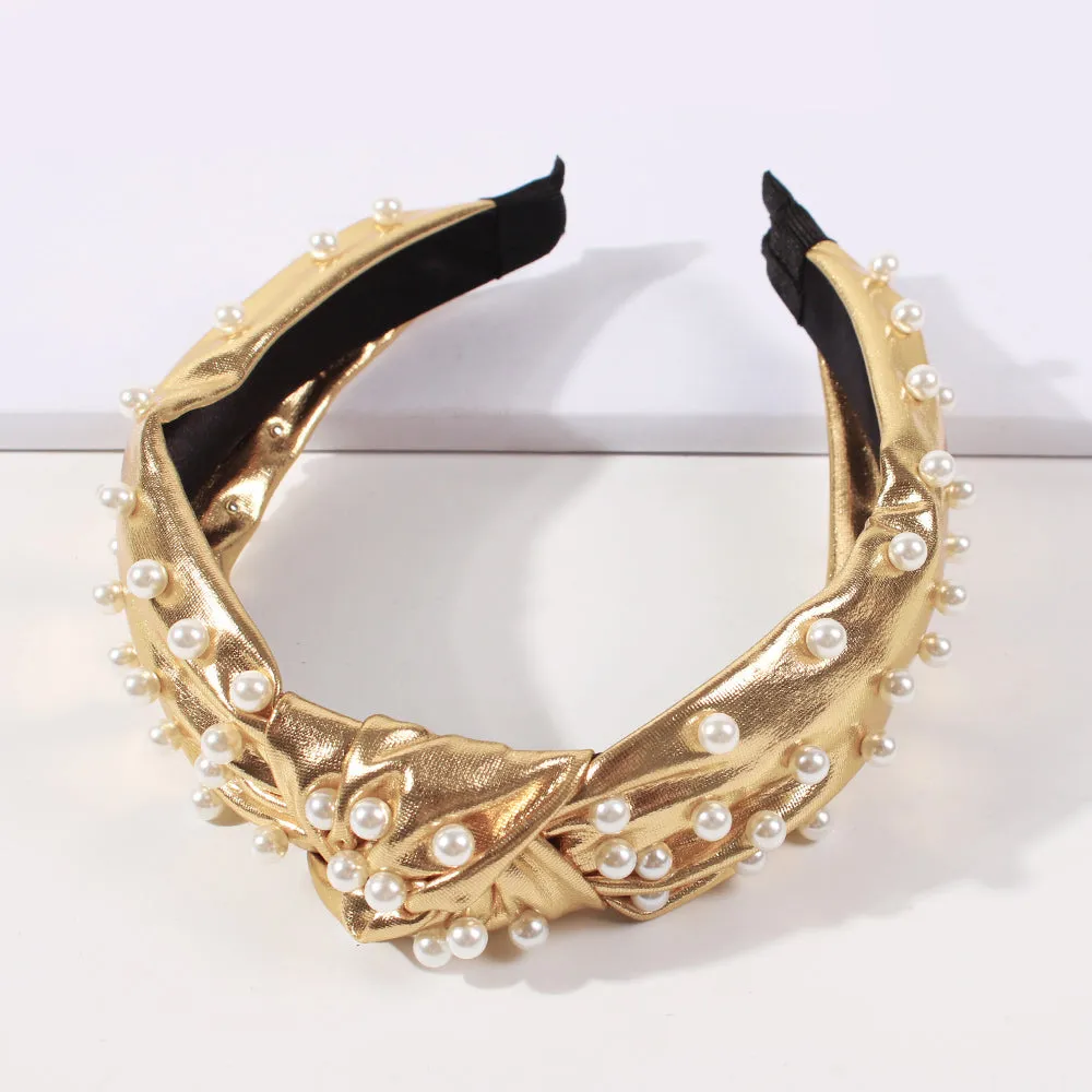 F2510 Top Knot Metallic Faux Leather with Pearl Headband