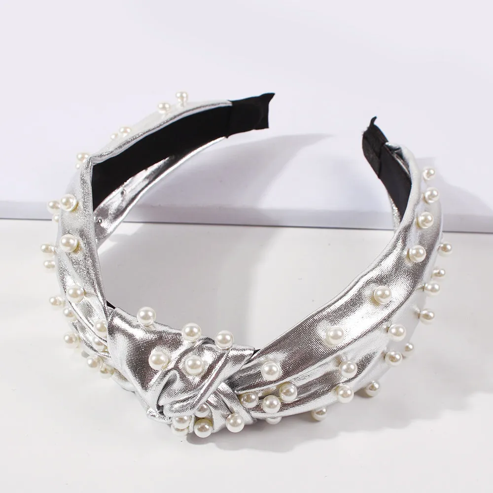 F2510 Top Knot Metallic Faux Leather with Pearl Headband