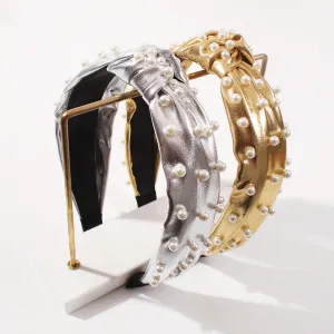 F2510 Top Knot Metallic Faux Leather with Pearl Headband
