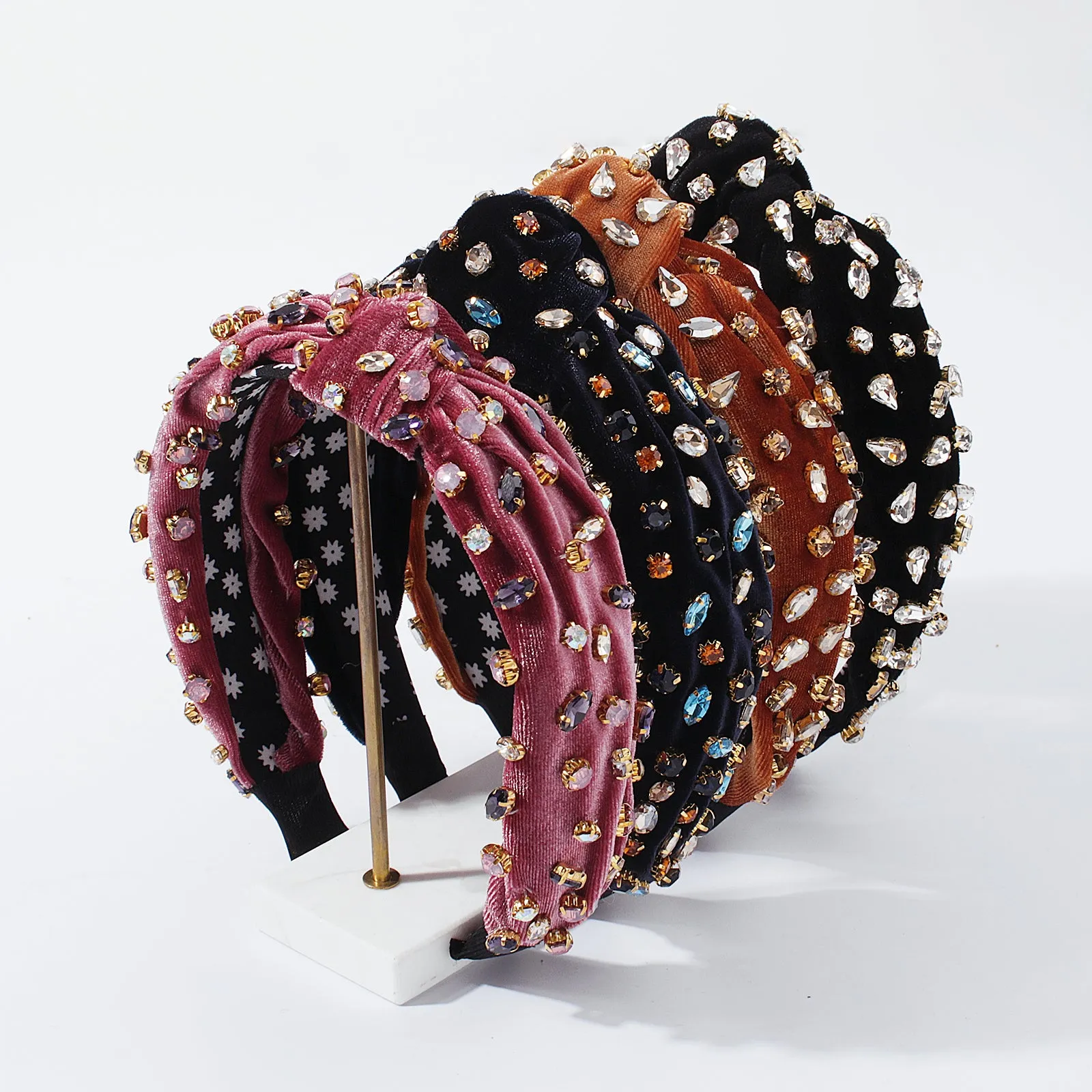 F2856 Corduroy Large Crystal Top Knot Headband