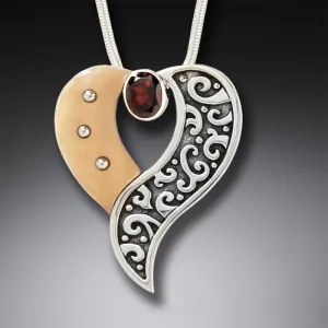 FOSSILIZED WALRUS TUSK HEART NECKLACE, HANDMADE SILVER WITH GARNET - HEART'S DESIRE