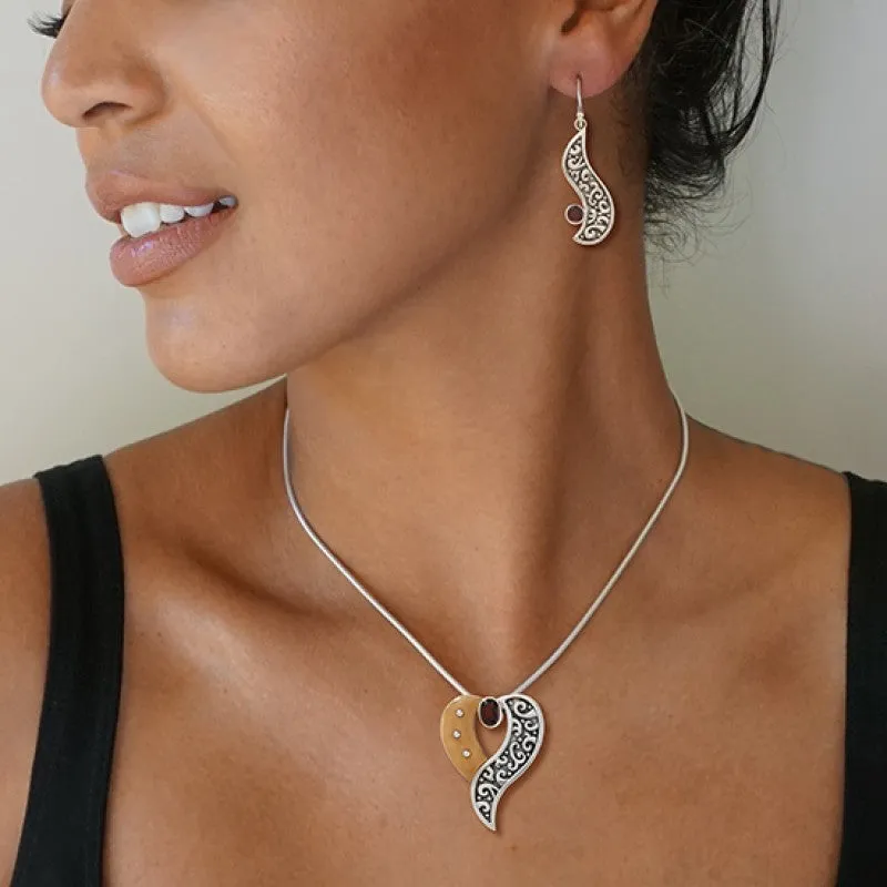 FOSSILIZED WALRUS TUSK HEART NECKLACE, HANDMADE SILVER WITH GARNET - HEART'S DESIRE