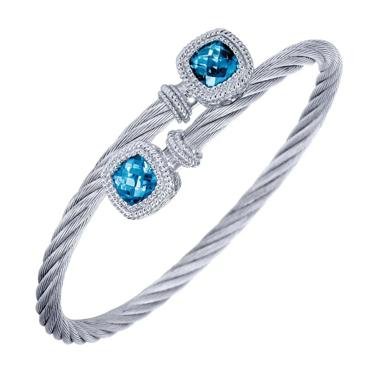 Gabriel & Co. Steel and Sterling Silver Swiss Blue Topaz Cable Bangle