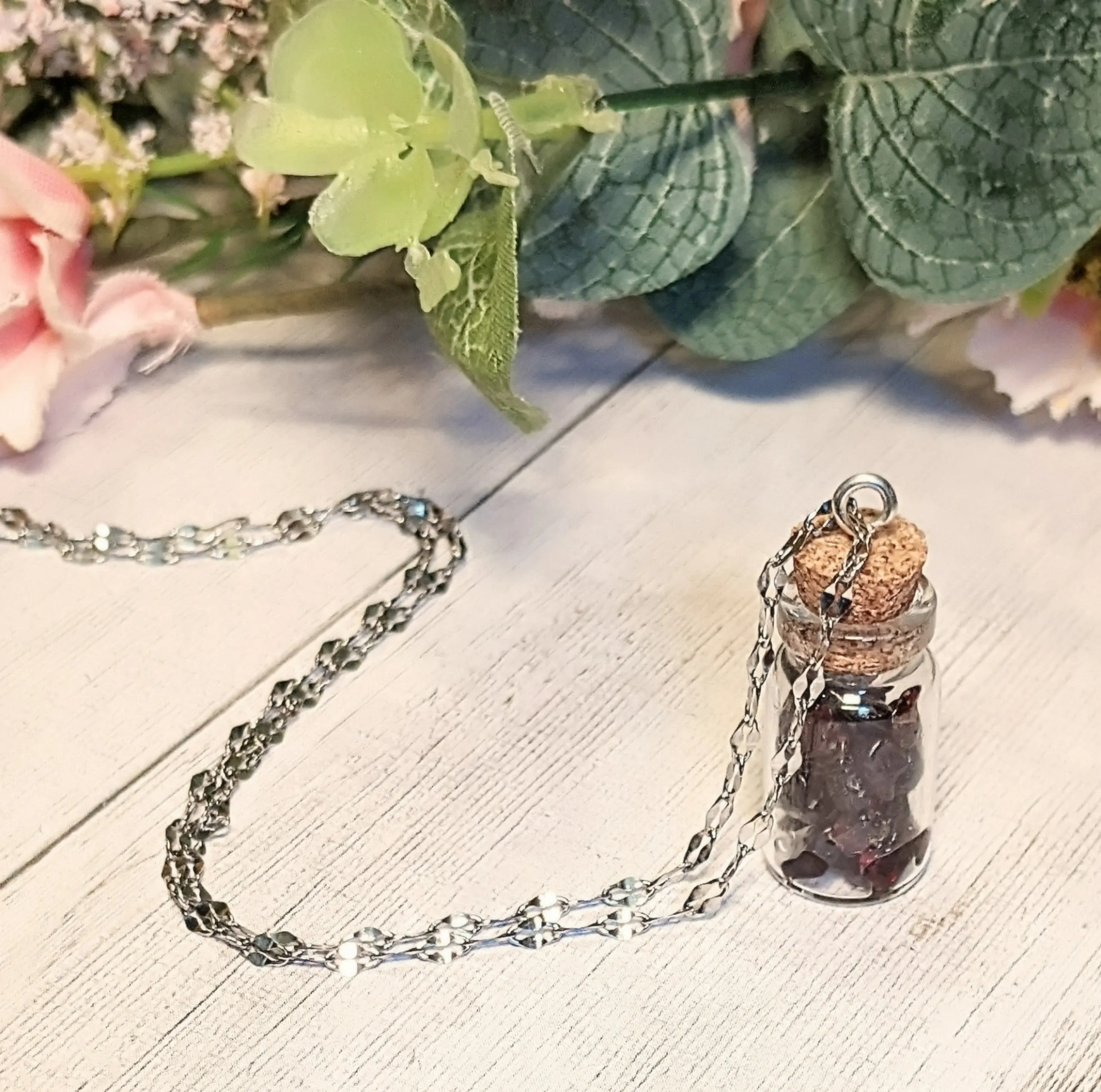 Garnet Gemstone Capricorn Bottle Necklace, 20 or 24 inch, Silver/Gold