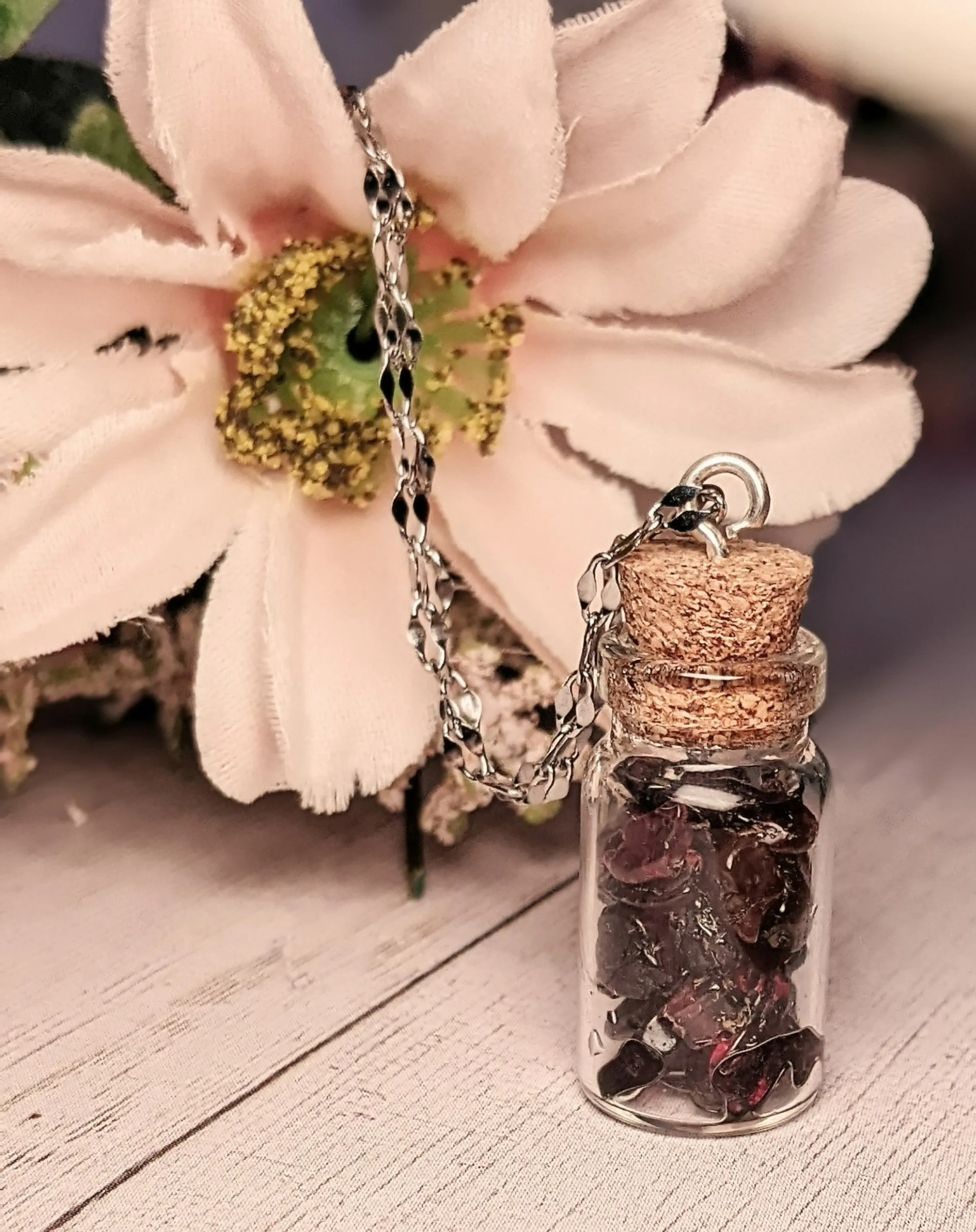 Garnet Gemstone Capricorn Bottle Necklace, 20 or 24 inch, Silver/Gold