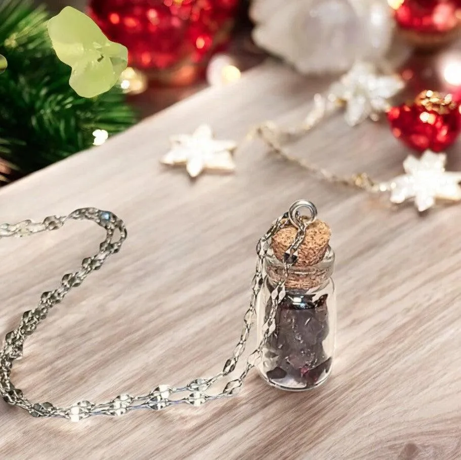 Garnet Gemstone Capricorn Bottle Necklace, 20 or 24 inch, Silver/Gold