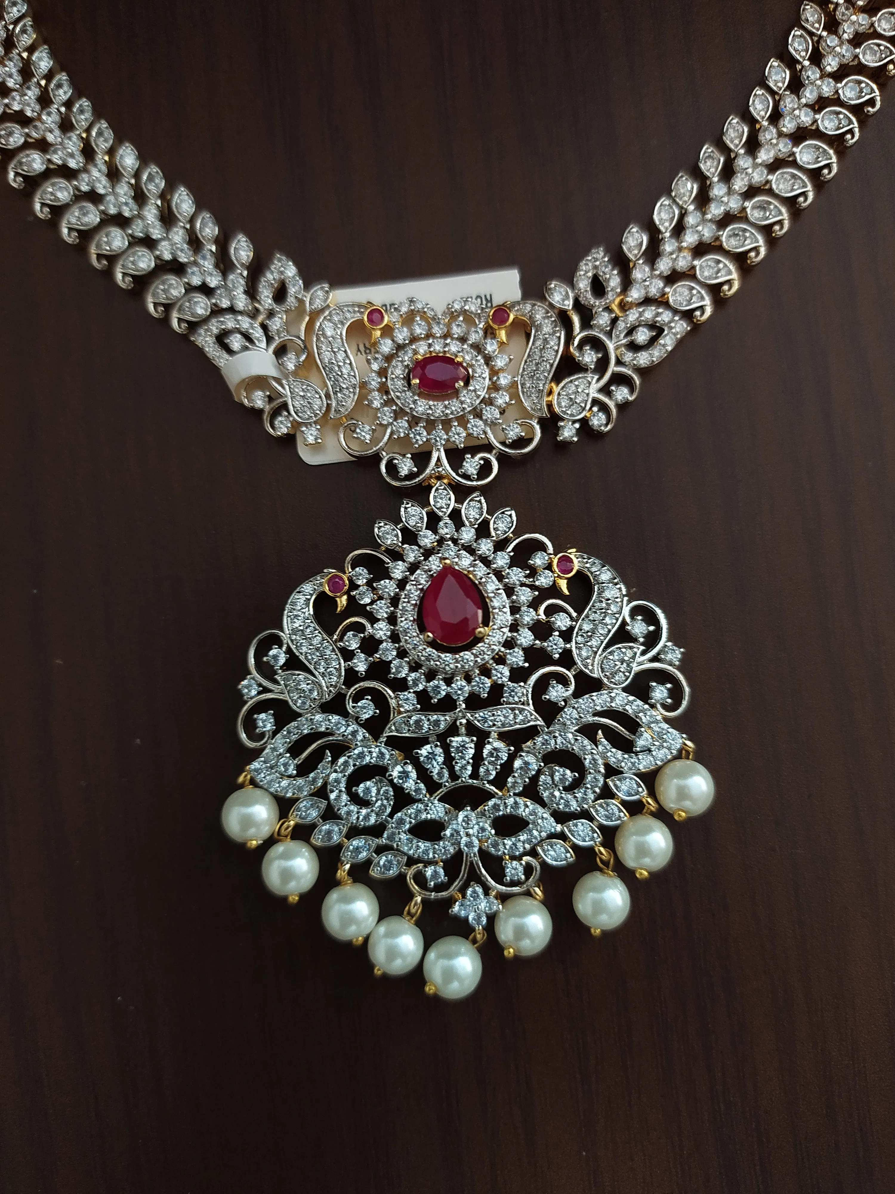 Gold and Silver Polished AD & Zircon Necklace Set in Pearl Drops