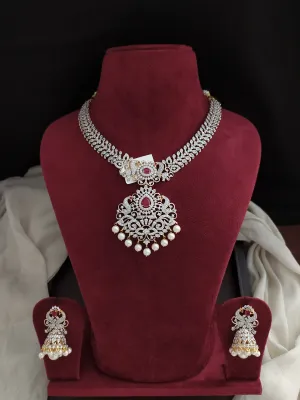 Gold and Silver Polished AD & Zircon Necklace Set in Pearl Drops