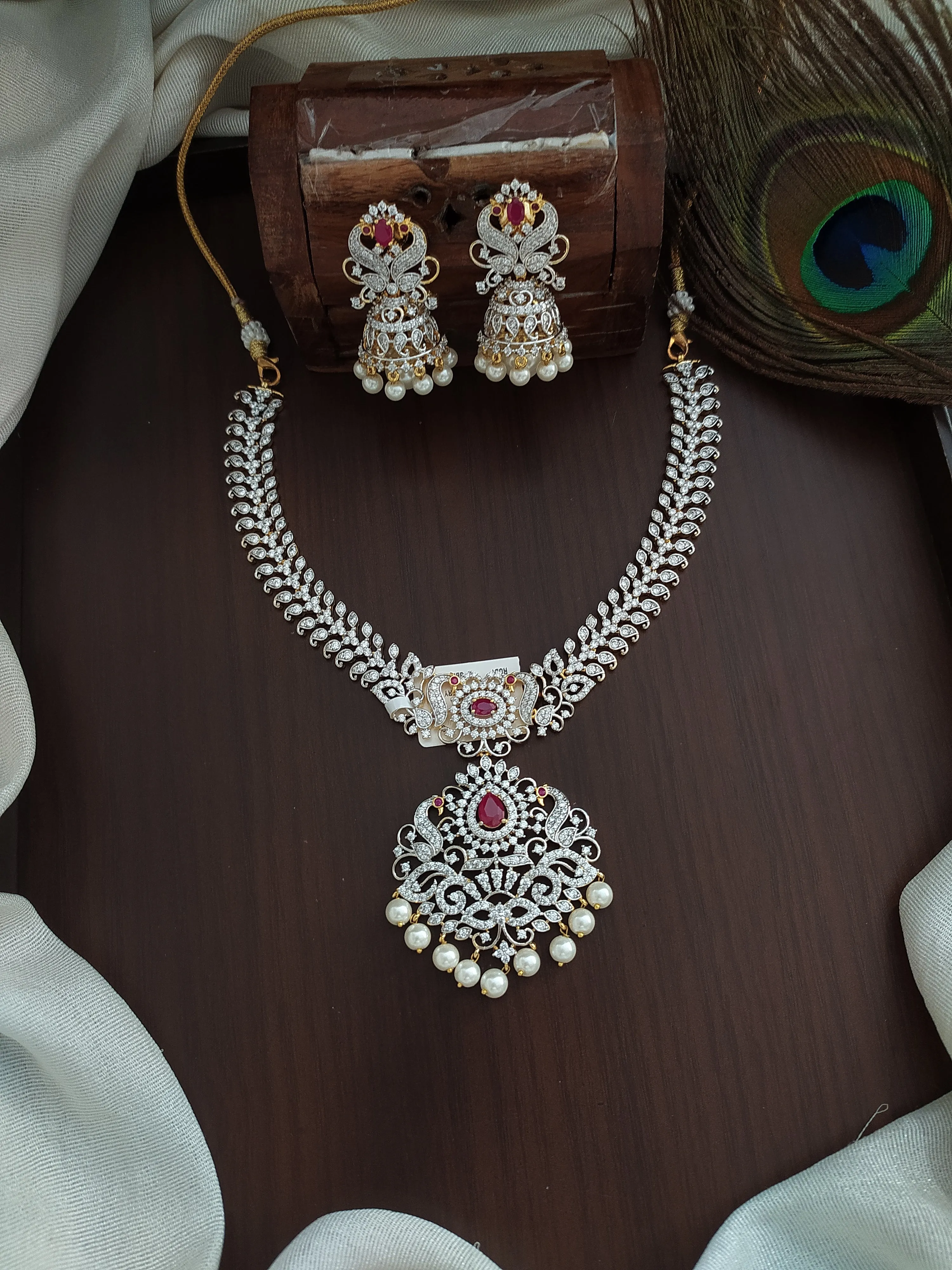 Gold and Silver Polished AD & Zircon Necklace Set in Pearl Drops