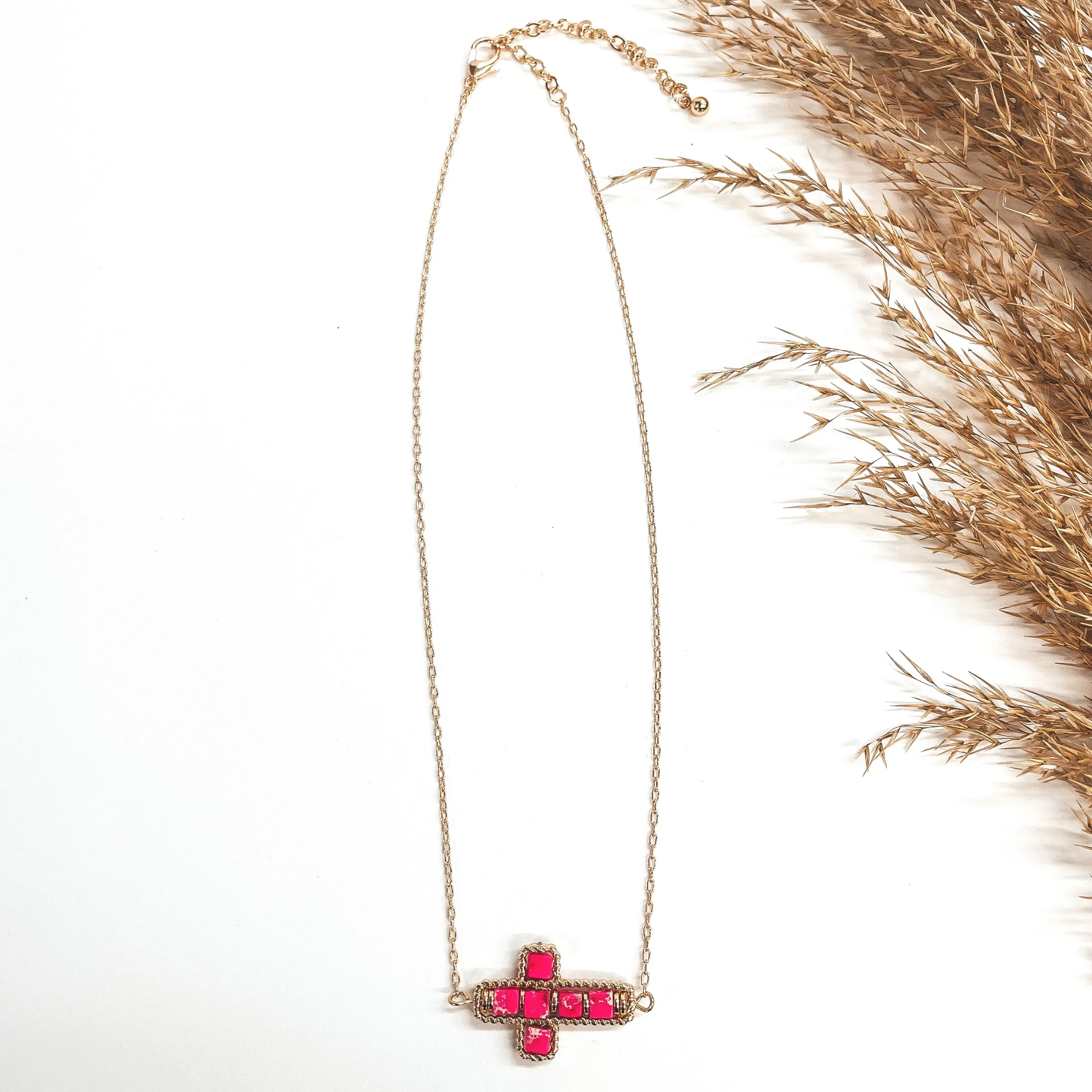 Gold Chain Necklace with Semi-Precious Stone Cross Pendant in Fuchsia Pink