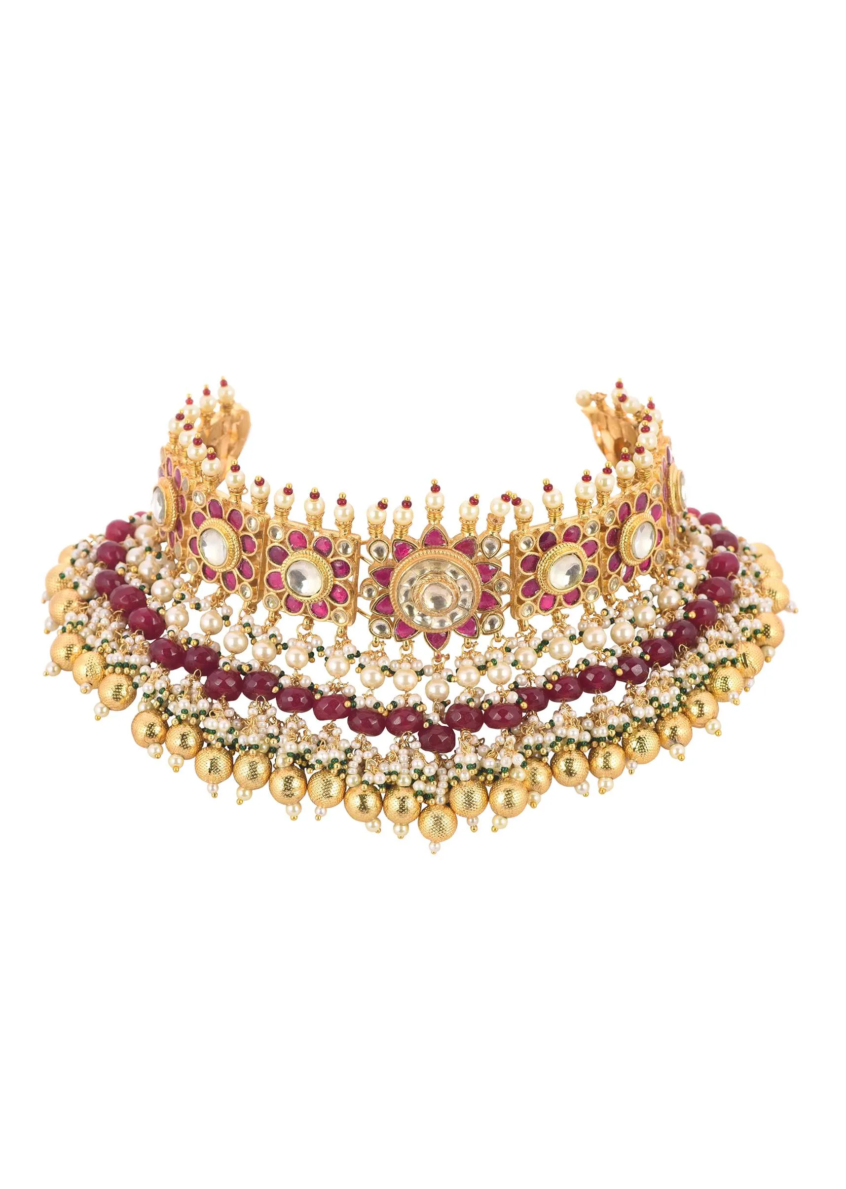 Gold Finish Choker Set With Red Meenakari In Mix Metal