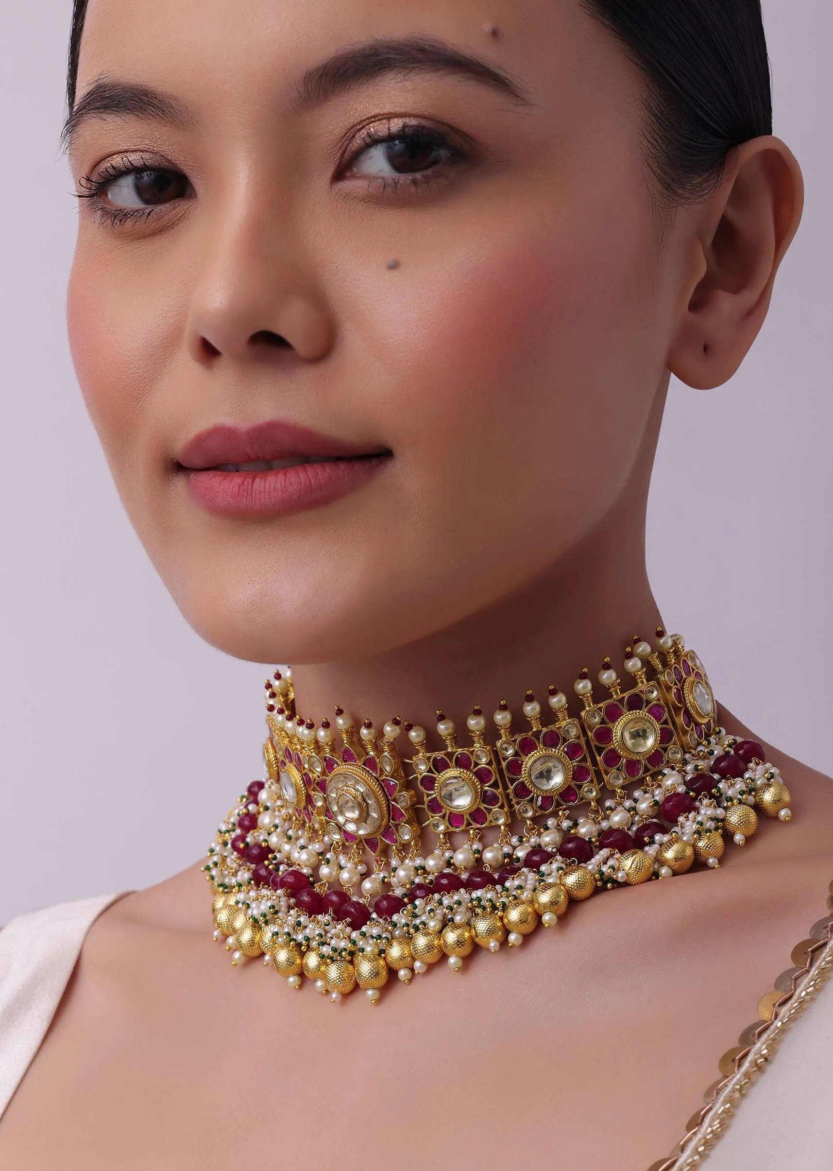 Gold Finish Choker Set With Red Meenakari In Mix Metal