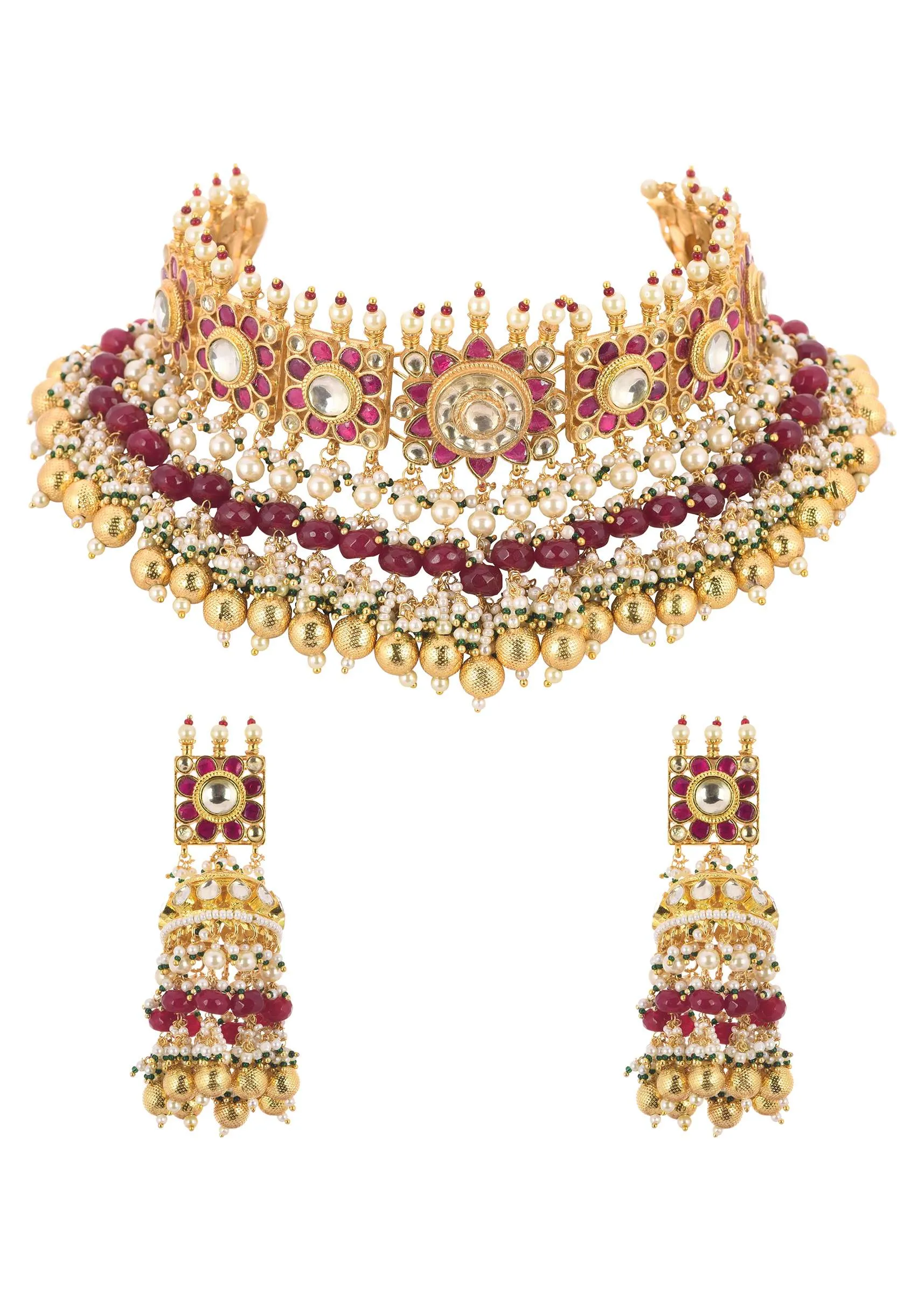 Gold Finish Choker Set With Red Meenakari In Mix Metal