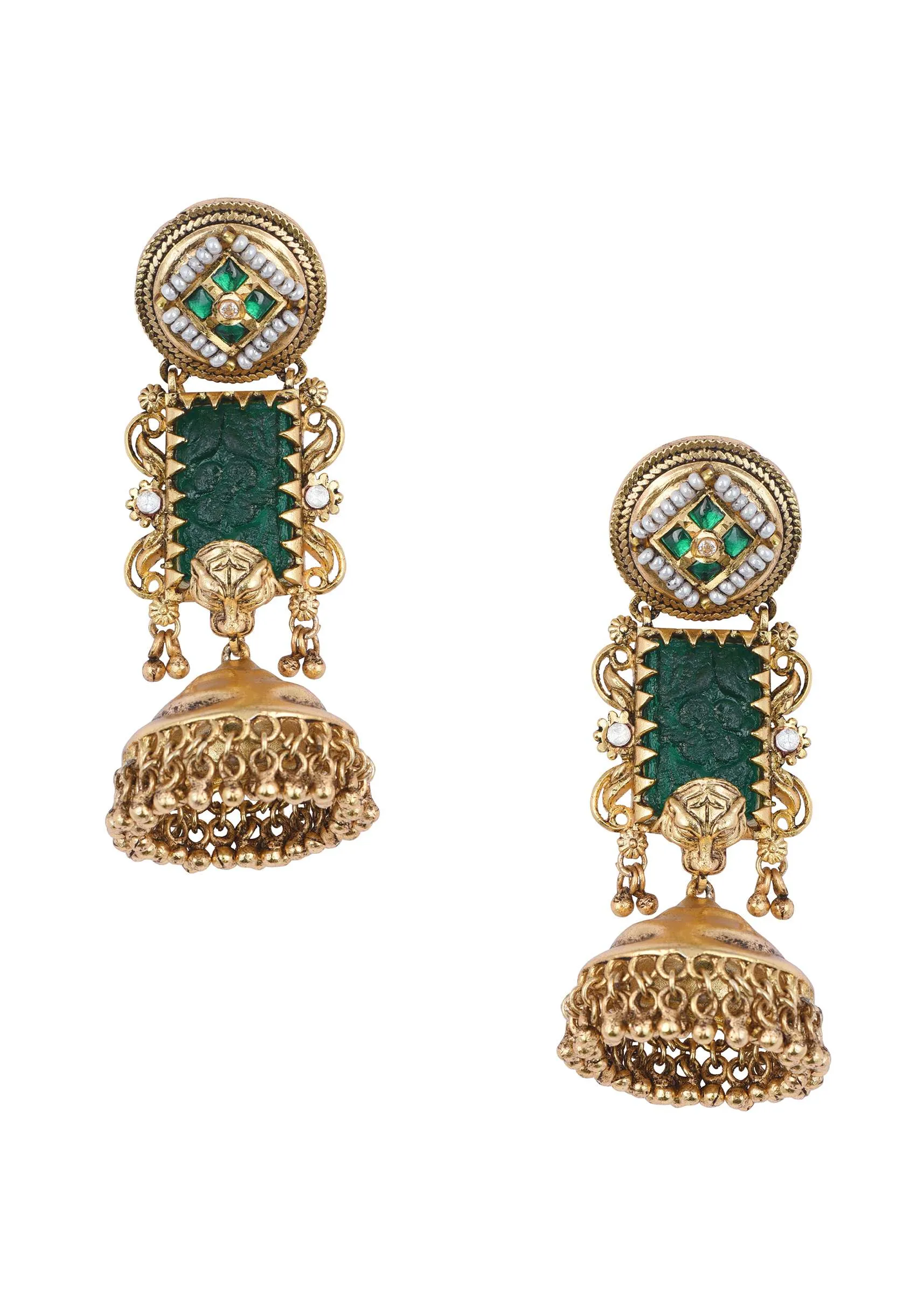 Gold Finish Meenakari Temple Earrings With Bead Drops
