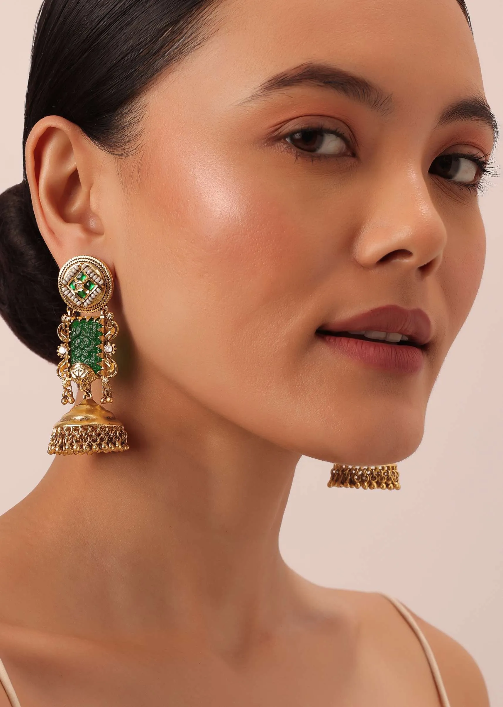 Gold Finish Meenakari Temple Earrings With Bead Drops